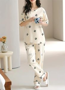 Louis Luxe Womens Korean Night Dress || Full Pyjama Set || Korean Nightsuit || Women Nightwear ||Round Neck Full Sleeve Nightsuit || Loungewear || Everyday Nightdress (ND-09)