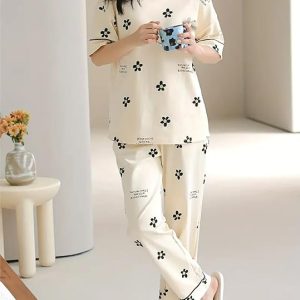 Louis Luxe Womens Korean Night Dress || Full Pyjama Set || Korean Nightsuit || Women Nightwear ||Round Neck Full Sleeve Nightsuit || Loungewear || Everyday Nightdress (ND-09)